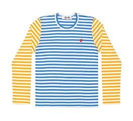 Play Comme Des Garçons Small Red Heart Striped L/S T-Shirt (Blue X Yellow)