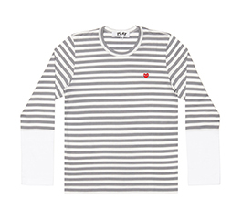 Play Comme Des Garçons Small Red Heart Striped L/S T-Shirt (Gray X White)