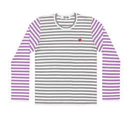 Play Comme Des Garçons Small Red Heart Striped L/S T-Shirt (Gray X Purple)