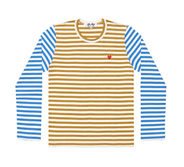 Play Comme Des Garçons Small Red Heart Striped L/S T-Shirt (Olive X Blue)
