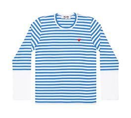 Play Comme Des Garçons Small Red Heart Striped L/S T-Shirt (Blue X White)