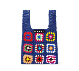 MARNI MARKET FLORAL PATCHWORK CROCHET SHOPPING BAG BLUE