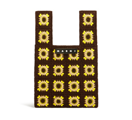 MARNI MARKET FLORAL PATCHWORK CROCHET SHOPPING BAG BROWN